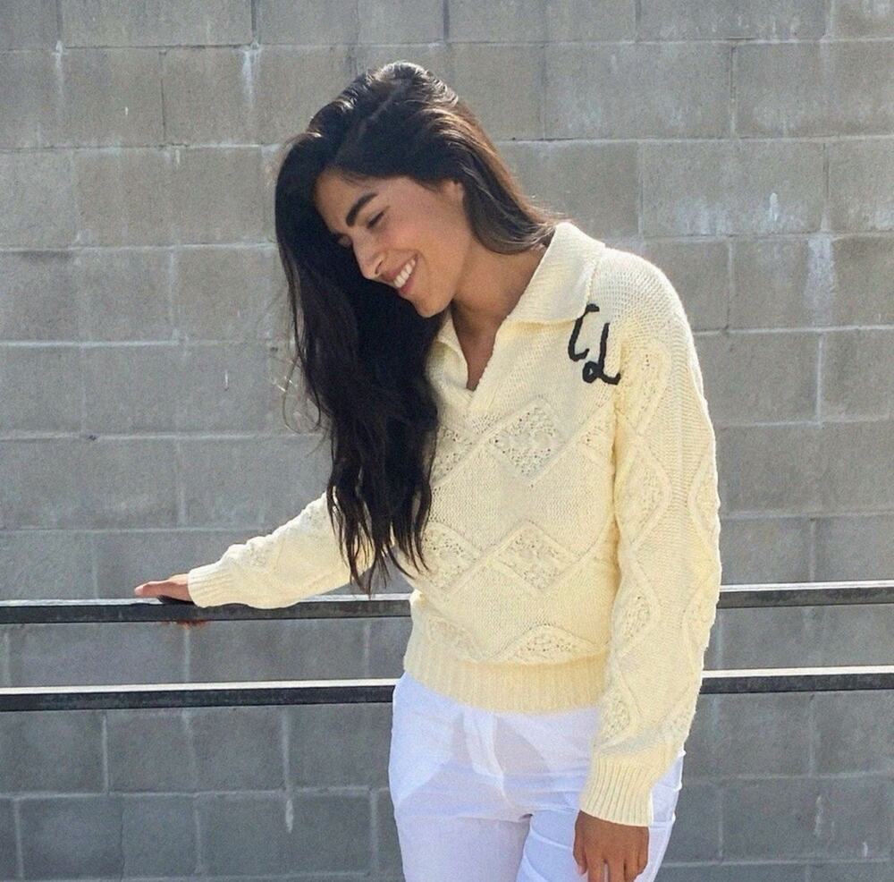 Ciao Lucia Cream Cableknit Henley Collar Sweater Embroidered Initials Cotton XS